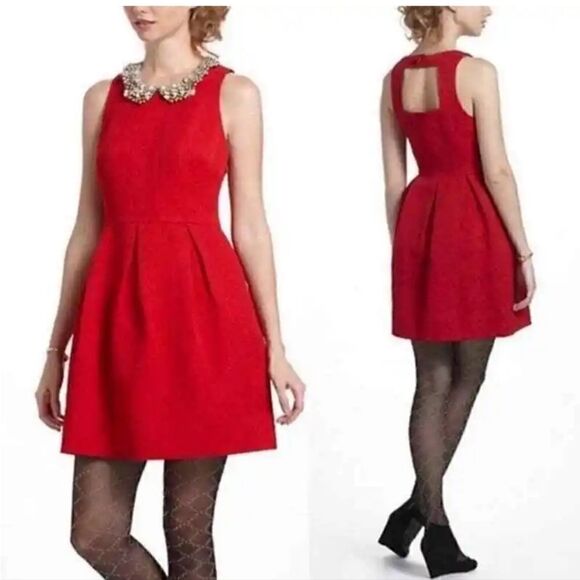 Anthropologie moulinette souers red brocade a-line scoop neck dress - Picture 1 of 13